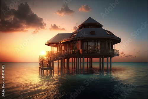 maldives luxury resort, beautiful sea, hotel, sunset, tip view, Made by AI,Artificial intelligence