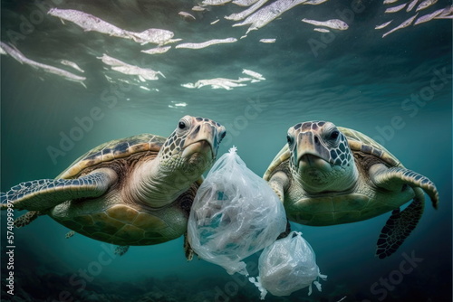 Turtles are eating plastic bags in the sea, Made by AI,Artificial intelligence