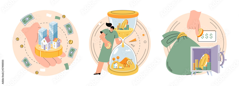 Investment, analysis money profits. Investor holding stack of coins and buildings standing at hourglass. Employee making investing plans, calculating benefits. Funding, financial consulting, savings