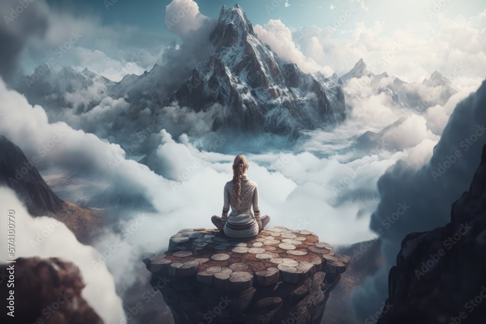 Serenity on the Summit: Woman Meditating on Majestic Mountain, generative ai