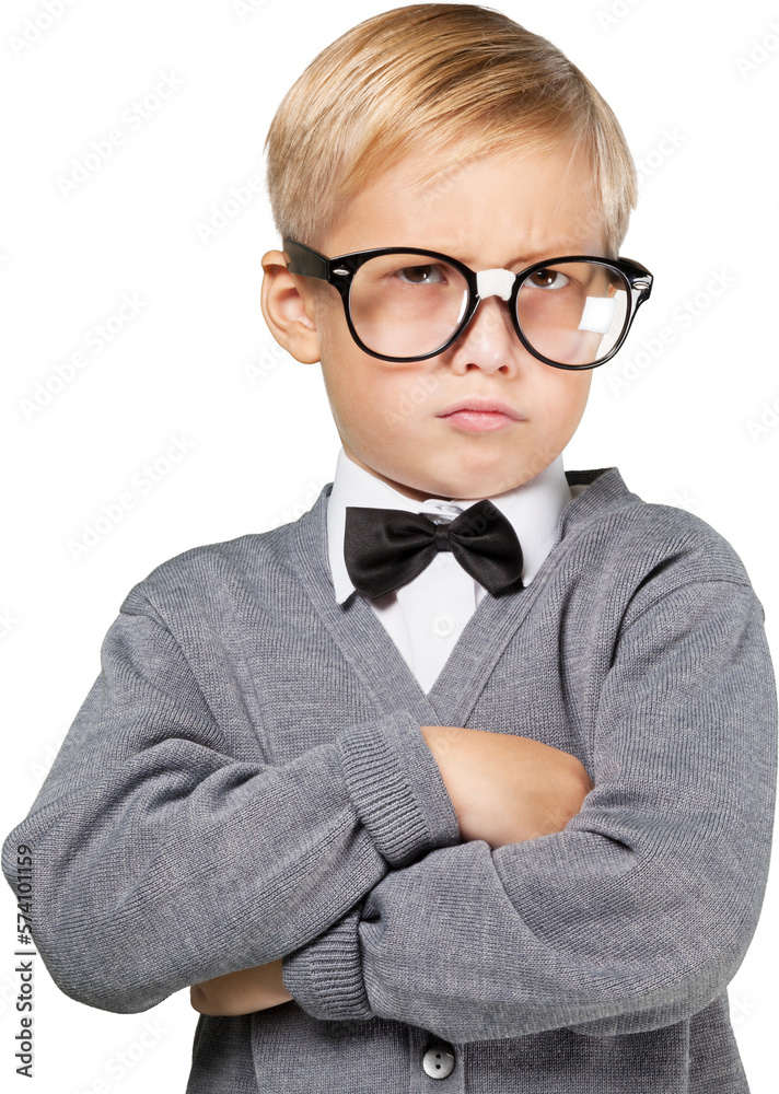 Portrait of a cute young boy in glasses thinking over white background Portrait of a cute young boy in glasses thinking over white background