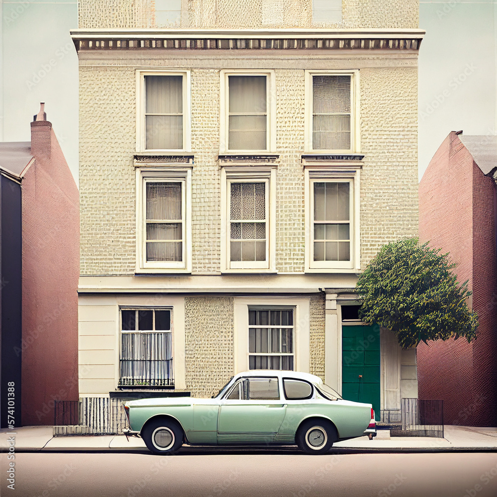 Minimalistic detail nostalgic house, vintage car - Generative AI