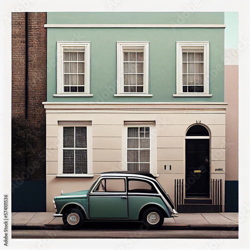 Minimalistic detail nostalgic  house, vintage car parked 
