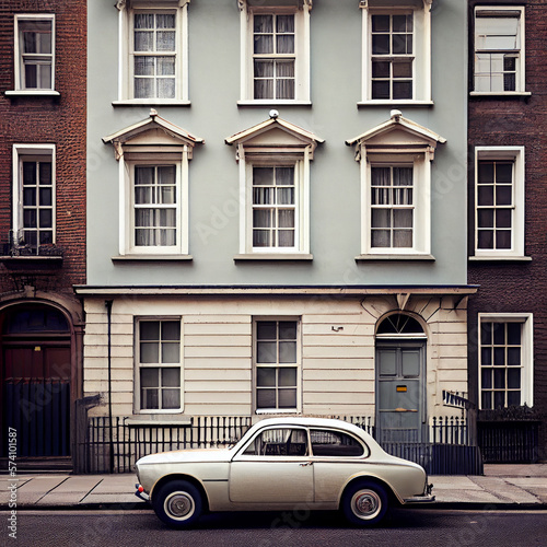 Minimalistic detail nostalgic  house, vintage car parked 