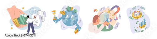 Financial audit concepts set. Character calculates and fills taxes from, analyzes public finances, puts tick in document. Economic fall and rise. Person earns and multiplies money. Achieving success