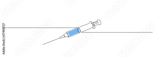 One continuous line drawing of medicine syringe. Pharmaceutical component and vaccine symbol in simple linear style. Editable stroke. Doodle outline vector illustration