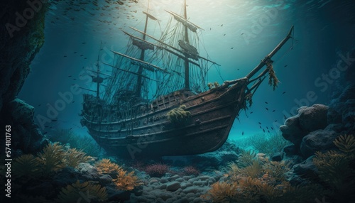 ship wreck in the sea. Pirate boat under the ocean. Decaying remains with coral reefs and masts. © Fox Ave Designs