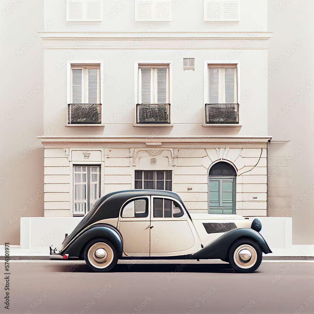 Minimalistic detail nostalgic  house, vintage car parked 