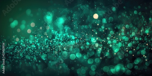 Emerald glitter bokeh background. Unfocused shimmer jade green sparkle. Crystal droplets wallpaper. Sequins. photo