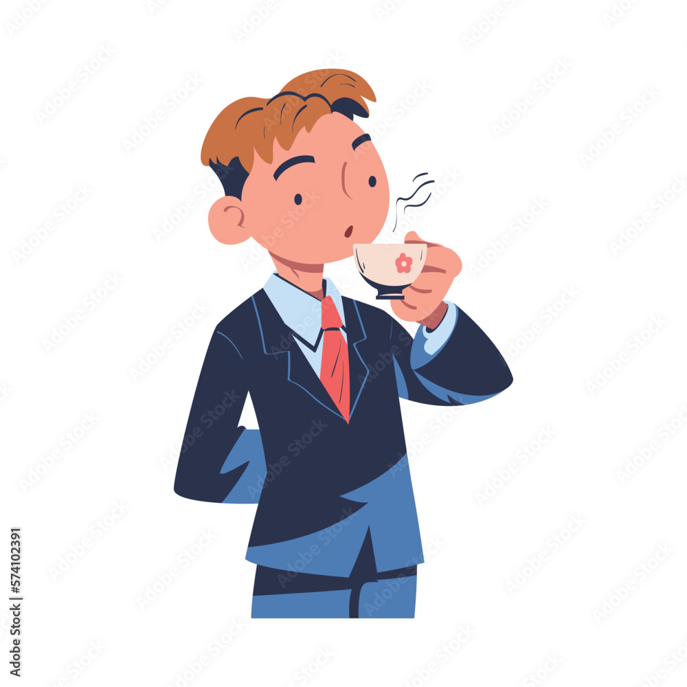 Businessman drinking tea.Young man character in suit with cup of tea cartoon vector illustration