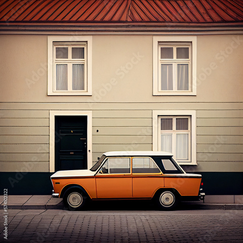 Minimalistic detail nostalgic  house  vintage car parked 