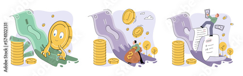 Financial audit concepts set. Character calculates and fills taxes from, analyzes public finances, puts tick in document. Economic fall and rise. Person earns and multiplies money. Achieving success