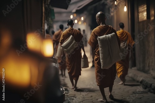 Thai Monks of Bangkok: Alms Collection and Spiritual Tradition Ai Generative