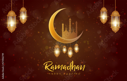 happy fasting ramadhan banner with beautiful illustration luxury islamic ornament and abstract gradient red and golden background design