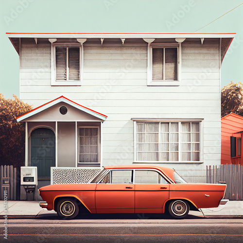 Minimalistic detail nostalgic house, vintage car - Generative AI photo