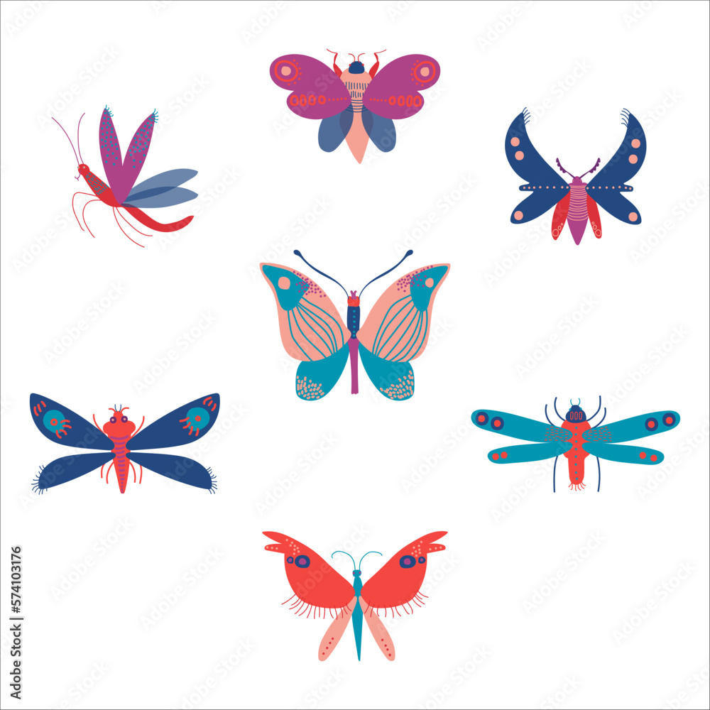 Set of flying insects. Butterfly, mosquito, dragonfly insect cartoon vector Illustration Set of flying insects. Butterfly, mosquito, dragonfly insect cartoon vector Illustration