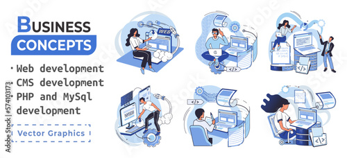 Website architecture concepts metaphor. Web development, PHP and MySQL, CMS, interface design, software testing. Creation digital Software mobile, desktop platforms. Digital content management system