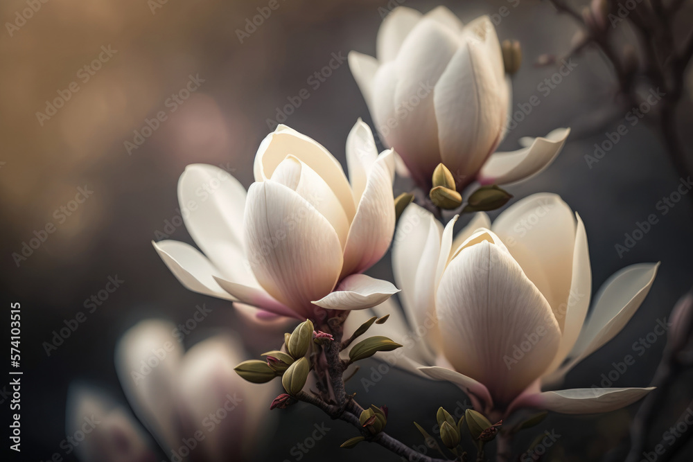 Obraz premium White magnolia on a blurry background. Garden flowers background. Generative AI.