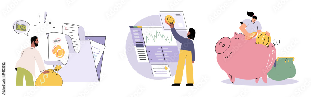 Fototapeta premium Successful businessman hold piggybank collect dollar coins for good financial investment. Happy person receive profit or income in piggy bank from savings. Invest, finance concept. Personal budget