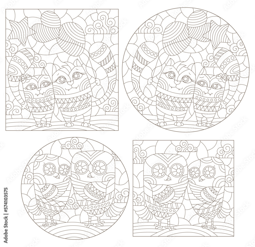 A set of contour illustrations in the style of stained glass with cute cartoon owls and cats, dark contours on a white background