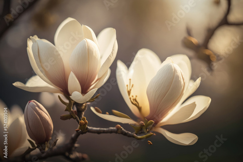 White magnolia on a blurry background. Garden flowers background. Generative AI.