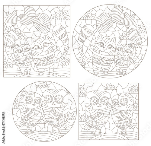 A set of contour illustrations in the style of stained glass with cute cartoon owls and cats, dark contours on a white background