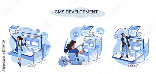 Digital content management system, CMS development software metaphor. Information system or computer program enable organize collaborative process of creating, editing and managing soft in network