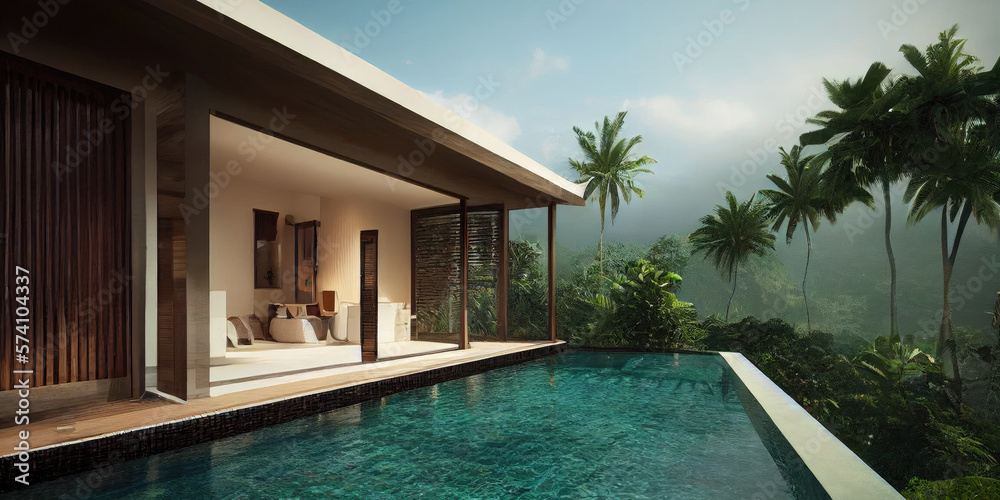 Fototapeta premium Luxury with tropical Jungle villa resort luxurious swimming pool. Generative AI illustration