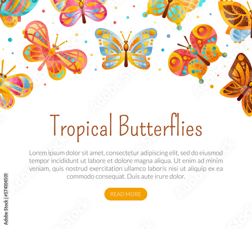 Tropical butterflies landing page template. Cute bright colorful insects website interface vector illustration