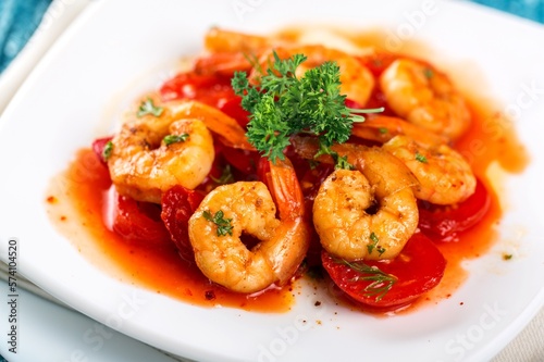 Delicious shrimp tasty dish in plate