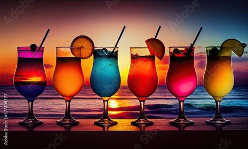 A range of fresh summer cocktails on a tropical beach, generative AI
