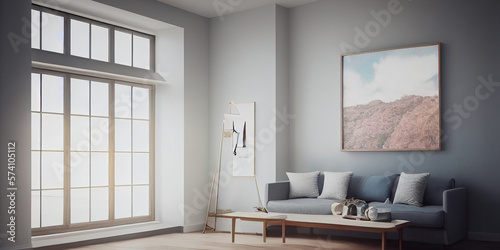 mock up poster frame in modern interior background  living room  Scandinavian style  Generative AI illustration.