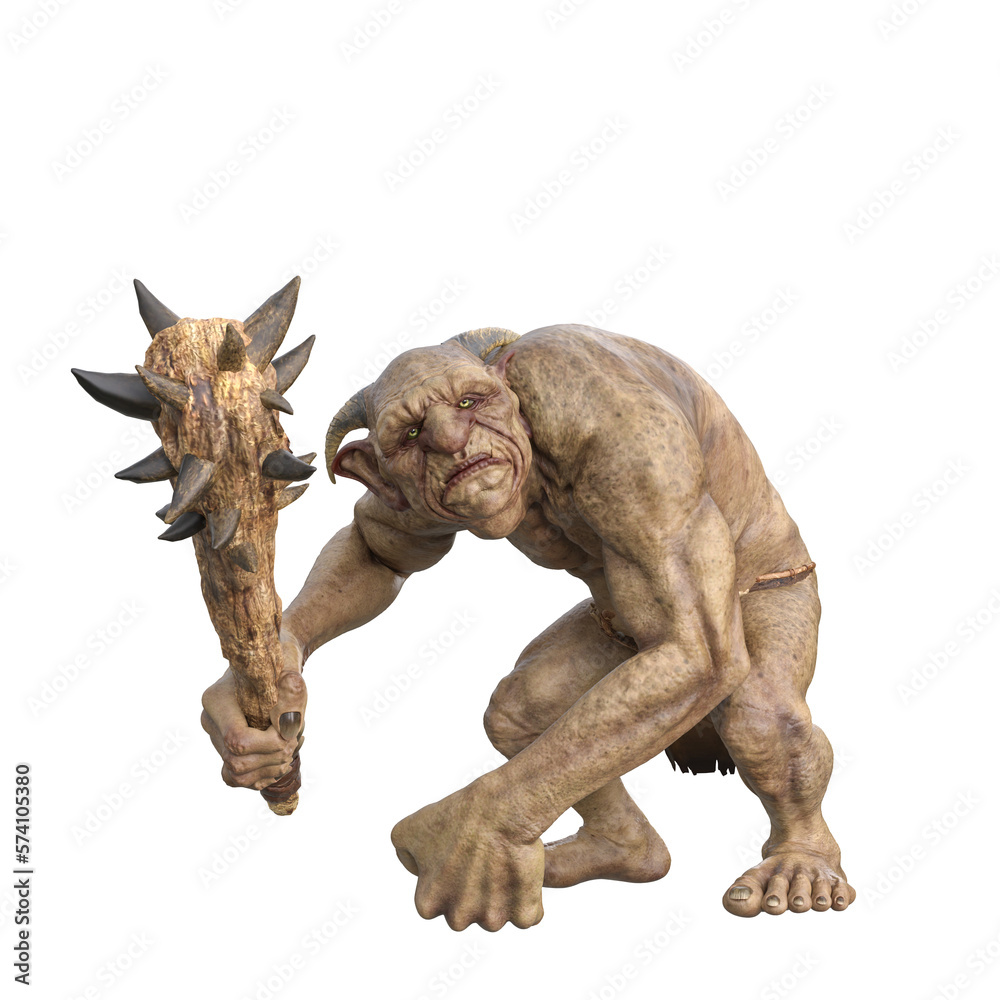 Fantasy Troll monster from Scandinavian mythology holding a wooden club weapon. Isolated 3D illustration.