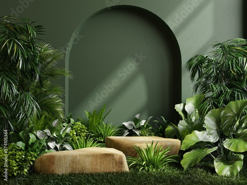 Fototapeta Naklejka Na Ścianę i Meble -  Two podium stone in tropical forest for product presentation and green wall.