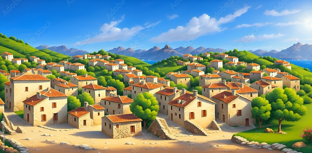 Cartoon mode picture of a small village, quiet peaceful atmosphere with soft light in the blue sky. Generative with AI Cartoon mode picture of a small village, quiet peaceful atmosphere with soft light in the blue sky. Generative with AI