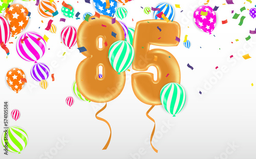 85 birthday Happy birthday  congratulations poster. Balloons numbers with sparkling confetti ribbon  glitter bright