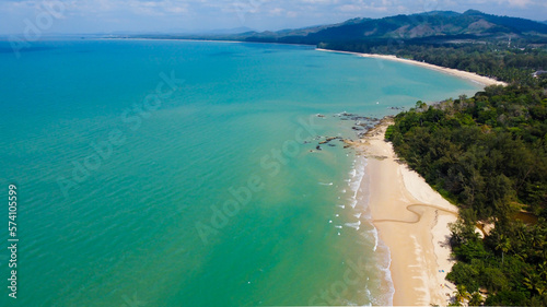 White Sand Beach Khao Lak, Thailand. Aerial panoramic view of the beautiful beach and turquoise waters of the Andaman sea.  photo