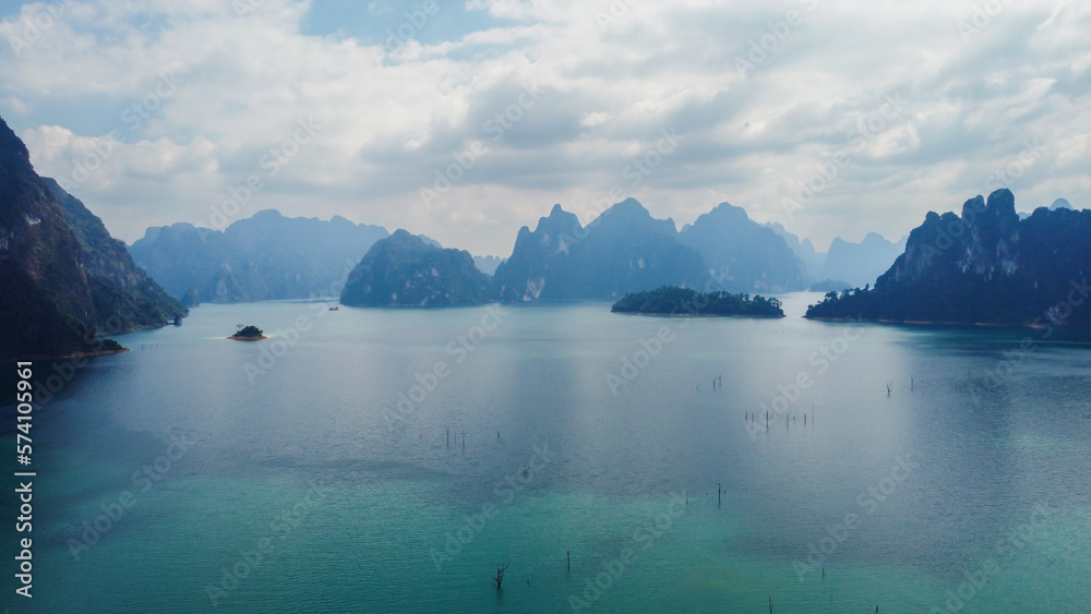Naklejka premium Aerial view of Cheow Lan Lake, Khao Sok, Surat Thani, Thailand. 