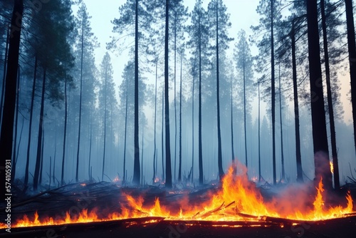 Intense flames from a massive forest fire  generative ai. Flames light up the evening as they rage thru pine forests and sage brush