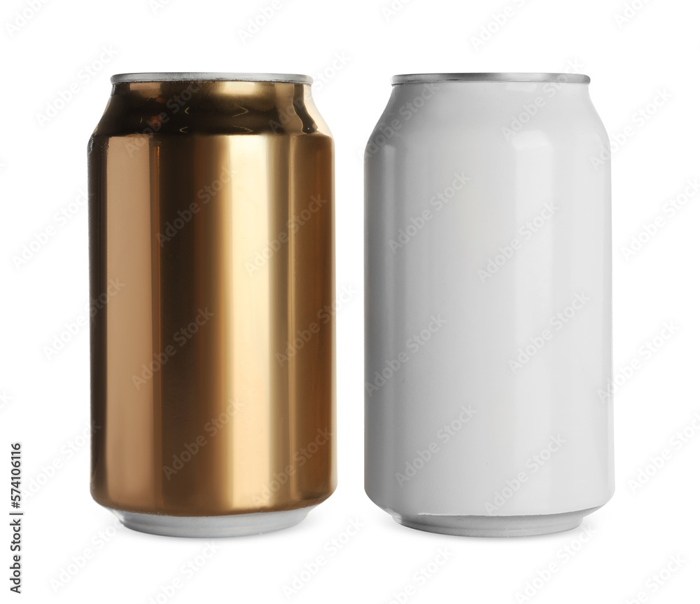 Aluminum cans with drinks on white background