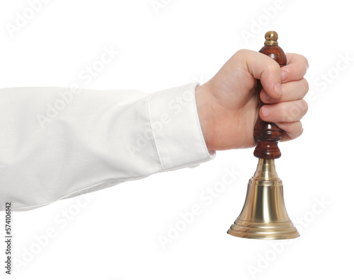 Pupil with school bell on white background, closeup