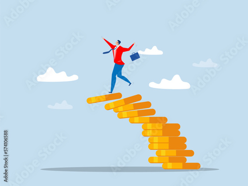 Financial instability cocept; businessman investor falling from stack of unstable money coins Unstable investment market; risky situation or economic recession; crisis or bankruptcy.vector illustrator