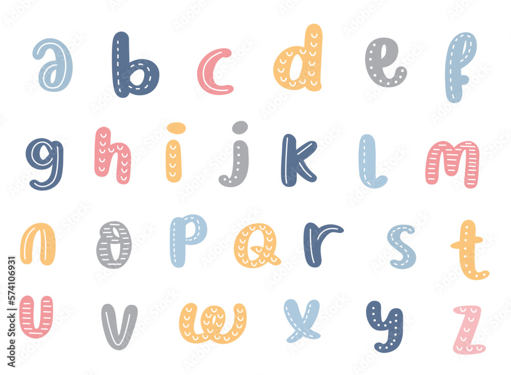 Pastel Color Cute Alphabet Lowercase Letter. Lowercase letters A to Z in different pastel colors. Pastel color hand drawn alphabet with lowercase letters - obrazy, fototapety, plakaty 