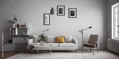 mock up poster frame in boho interior background, wooden living room design, Scandinavian style. Generative AI illustration