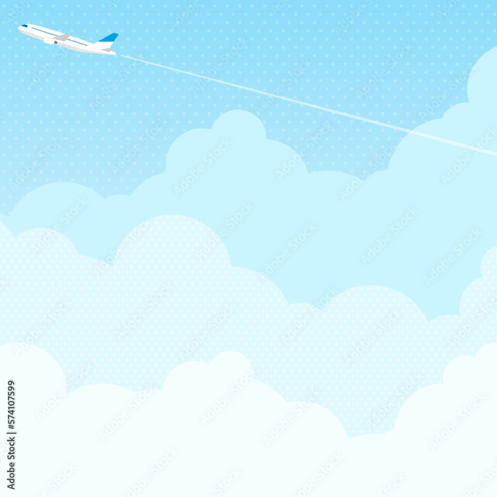 もくもくした雲と、その上を飛ぶ飛行機　背景素材（正方形）