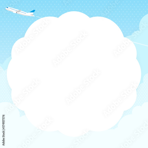 もくもくした雲と、その上を飛ぶ飛行機　背景・フレーム素材（正方形）