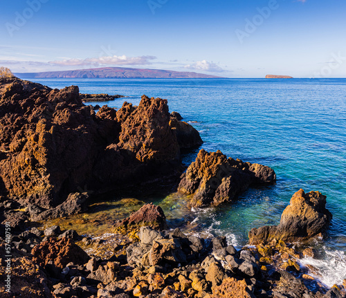 Rocky Coastline With The West Maui Mountains, Puu Olai Cinder Cone Hiking Trail, Maui, Hawaii, USA photo