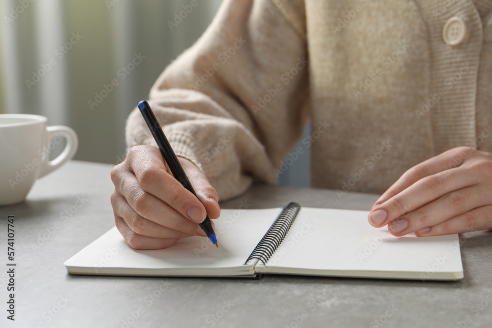 Fototapeta premium Woman with pen and notepad at grey table, closeup