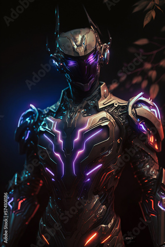 A cybernetic knight glowing purple eyes and body. Generative ai illustration