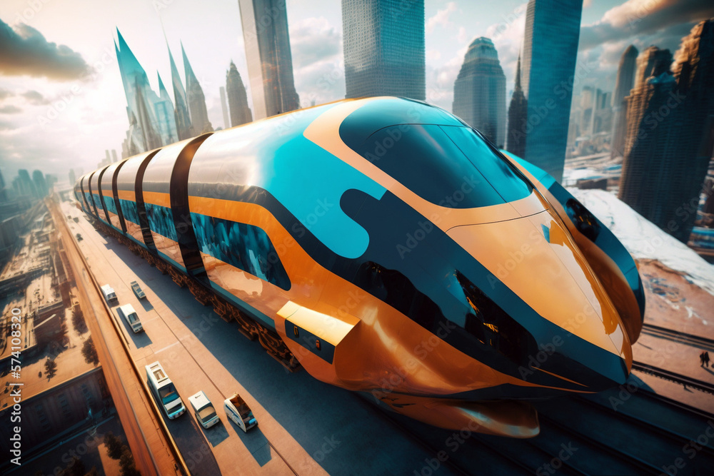 Obraz premium Prototype of a futuristic high speed train on modern city. Generative ai illustration